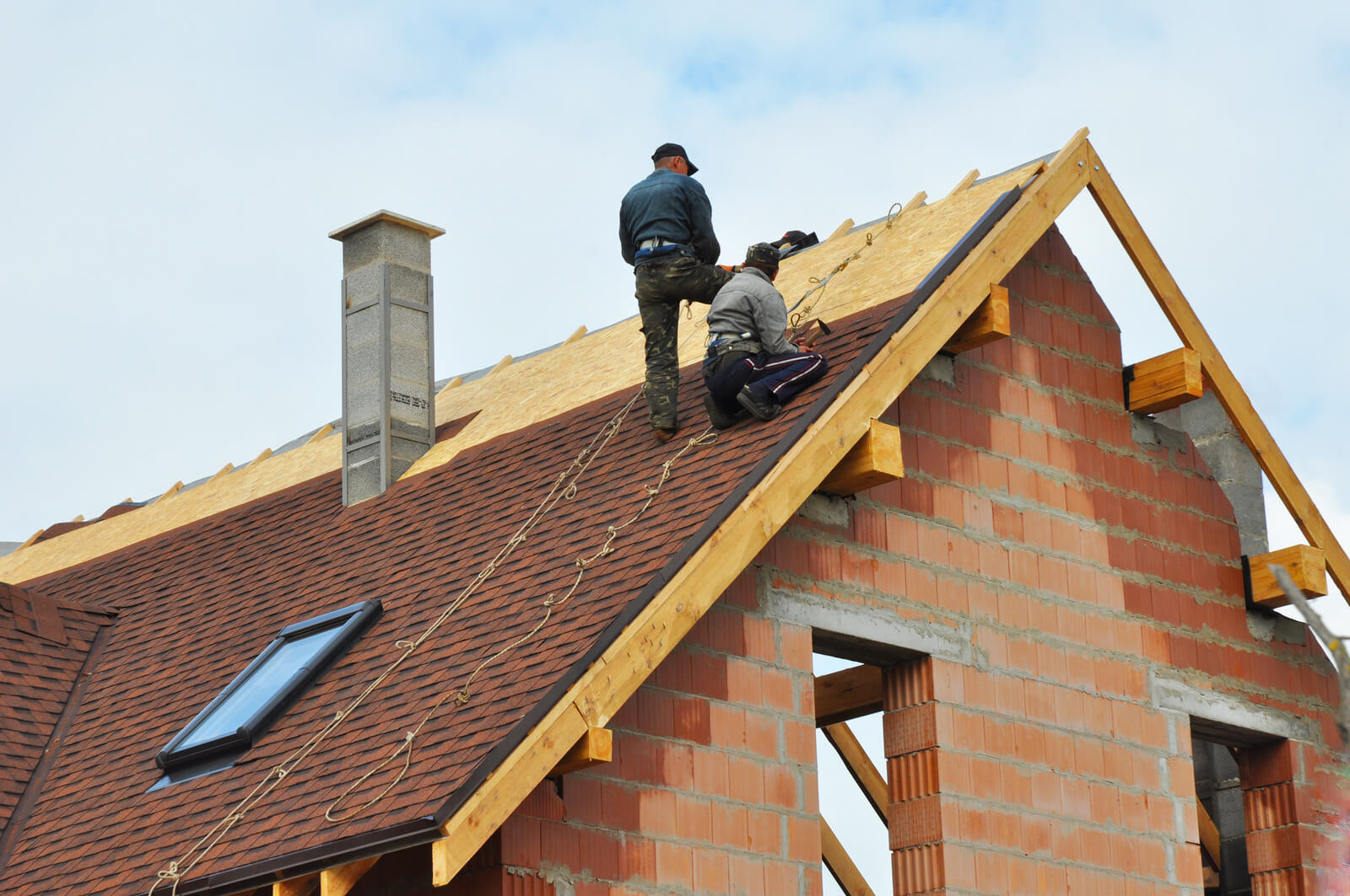 Dakwerkers aan het werk op een nieuwbouwwoning